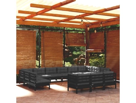 Conjunto Lounge de Jardim com Almofadões Pinho Preto 13 Un