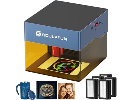 SCULPFUN Icube Pro Max 10W Gravador a Laser com Filtro de Fumaça Alarme de Temperatura e 5 Conjuntos de Almofadas de Filtro Proteção Ocular Portátil