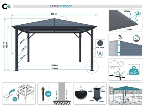 Tenda Gazebo de Alumínio CAZEBOO Grace 400S300 Cinzento Antracite