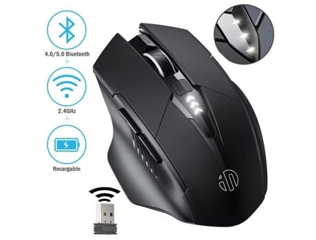 Mouse Bluetooth Recarregável Silencioso SDLOGAL Tri-Mode: Bt 5.0-4.0 + 2.4G Nível de Bateria Visível Preto