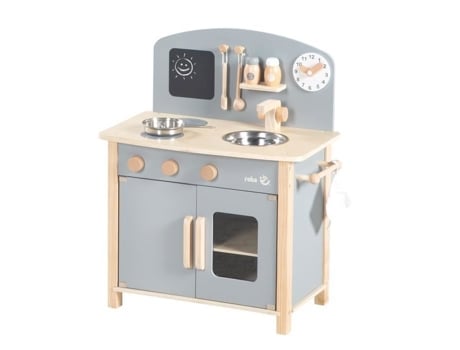 ROBA Play Kitchen com Acessórios - Madeira Natural / Cinza - Placa, Forno, Pia, Acessórios