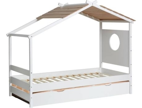 Cama cabana + cama elevável MUEMUE em madeira branca 90x190cm