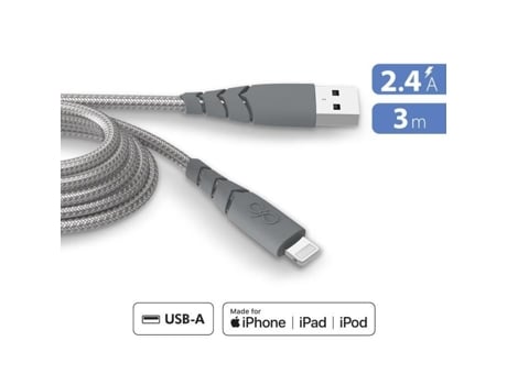 Cabo Usb A/Lightning Ultra-Reforçado 3M 2.4A Garantia Vitalícia Cinza Plástico 100% Reciclado FORCE POWER