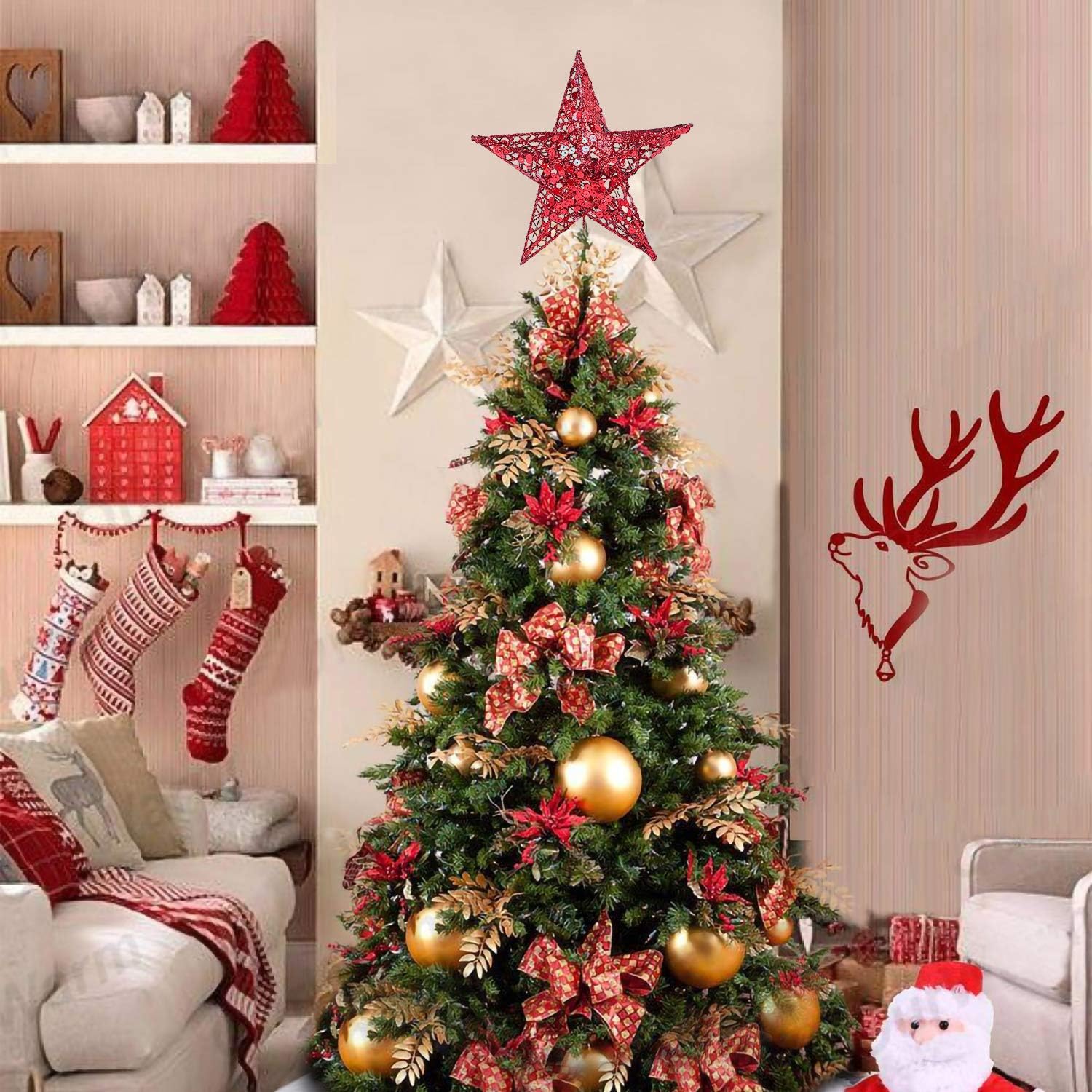 Decoração De Árvore De Natal Rosa De 1 Unidade Topper De Ornamento  Brilhante Em Forma De Estrela De 7,5 Polegadas, Chapéu Superior De Árvore  De Natal Em Forma De Estrela De 19