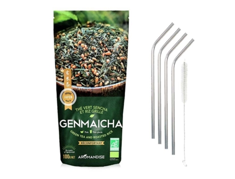 Chá Verde Orgânico e Arroz Integral Genmaicha 100 g+ 4 Canudos Inox Youdoit