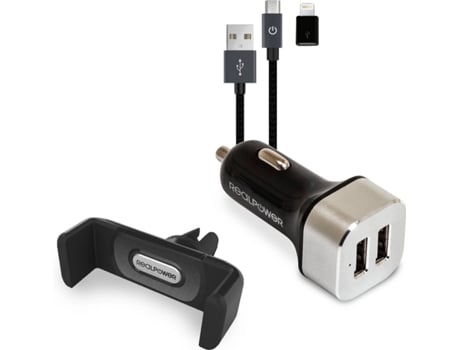 Carregador Auto e Suporte REALPOWER 168182 (2 USB - MicroUSB - Lightning - Preto)