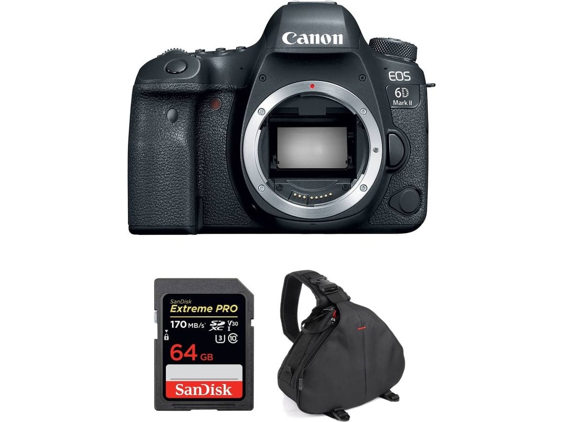 Kit Máquina Fotográfica CANON EOS 6D Mark II SanDisk 64 GB Bolsa Full Frame Worten pt