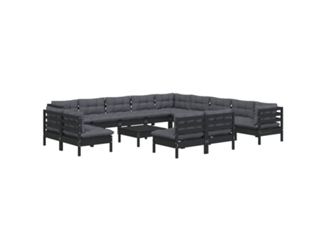 Conjunto Lounge Jardim com Almofadões Pinho Maciço Preto 14 Un