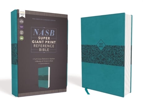 Livro nasb, super giant print reference bible, leathersoft, teal, red letter, 1995 text, comfort print de zondervan (inglês)