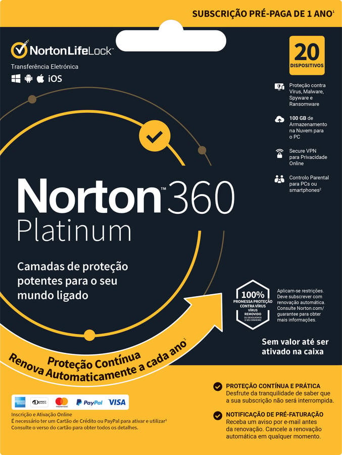 NORTON 360 Platinum, 100 GB, 1 Ano, 1 Pessoa, 20 Dispositivos