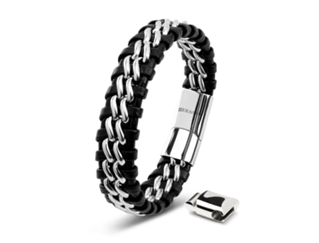 Pulseira SERASAR Steel (Couro Genuíno e Aço Inoxidável Magnético - Preto - S)