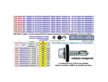 Avl tornillo autotaladrante 7504k+arvul exag.5.5x25 p16 ab165525 (caja 1000 unidades)